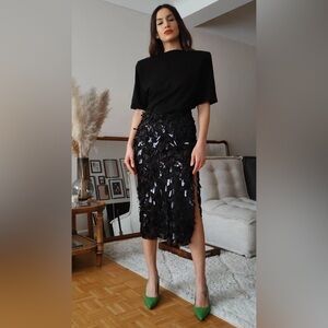 NWT ZARA Black Sequin Midi Skirt Size XS | Holiday Party Sparkle